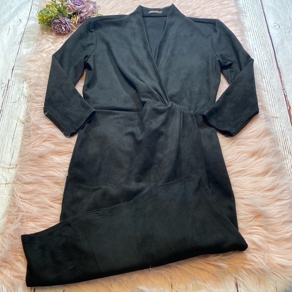 J. McLaughlin Faux Suede Faux Wrap Black Mini Dress - Picture 2 of 12